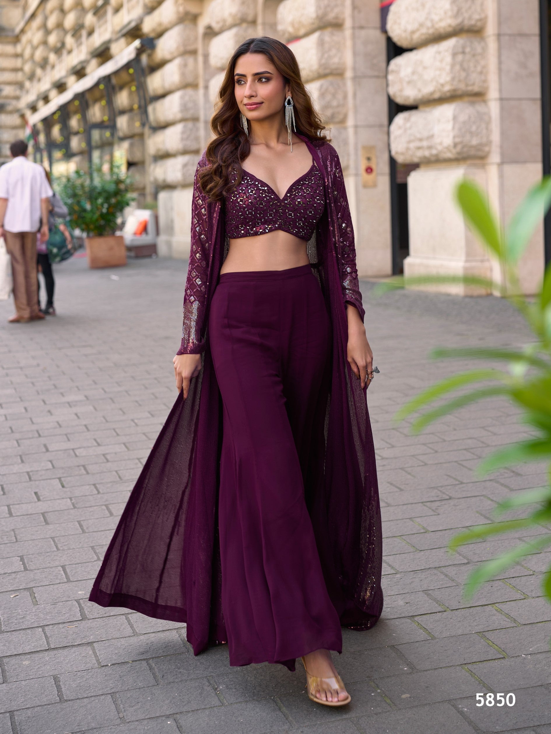 Anaita Purple Georgette Stitched Shrug Suit With Embroidered Sequins Work - Distacart