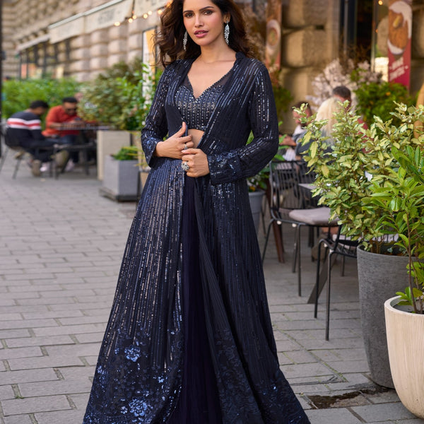 Anaita Grey Georgette Stitched Shrug Suit With Embroidered Sequins Work - Distacart