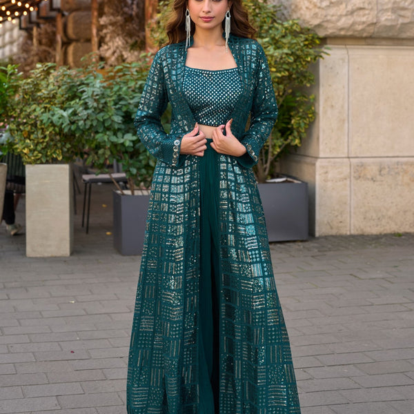 Anaita Emerald Georgette Stitched Shrug Suit With Embroidered Sequins Work - Distacart