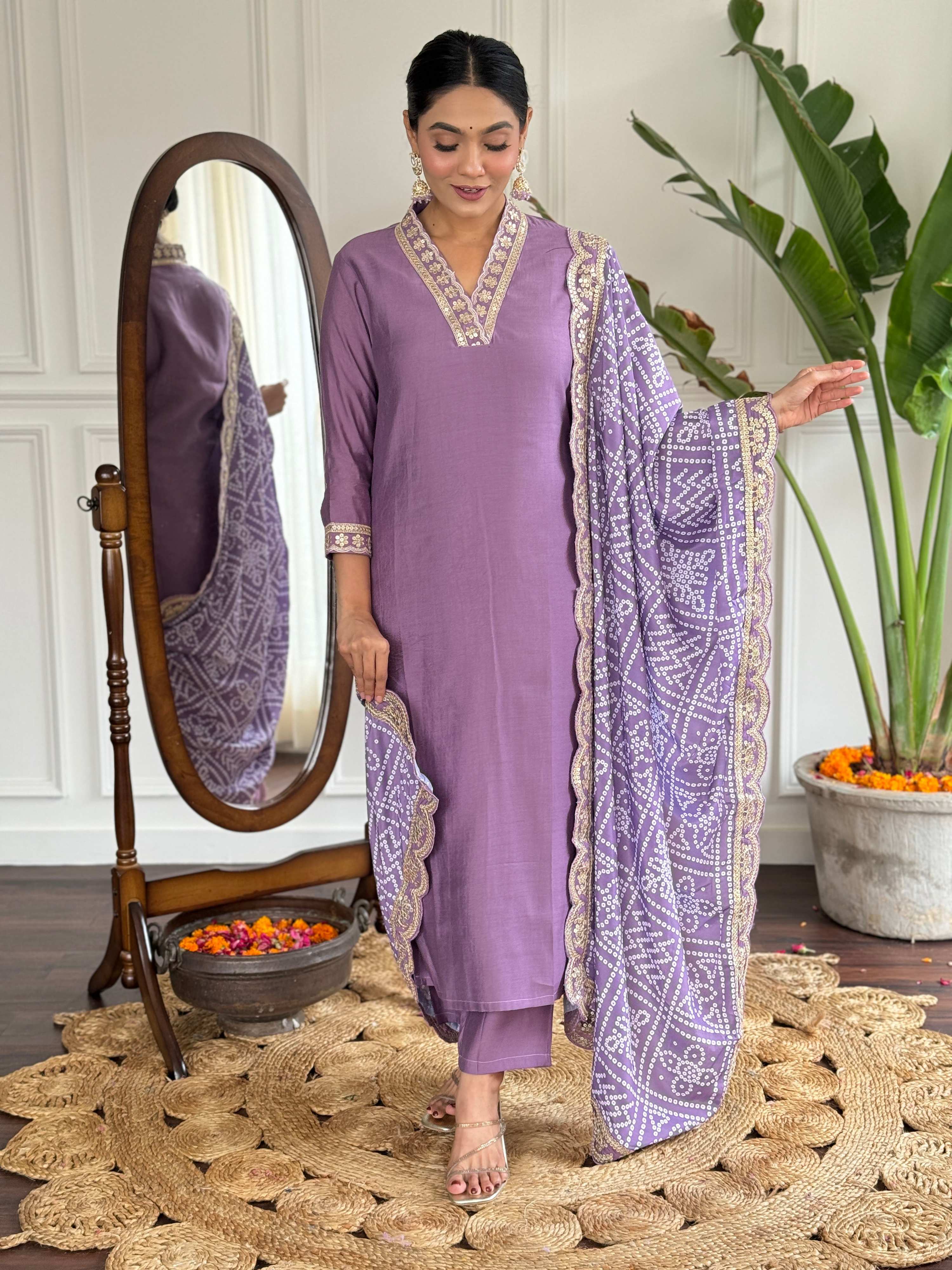 The52 Viscose Silk Fabric work Straight cut Kurta, Pant and Dupatta Set