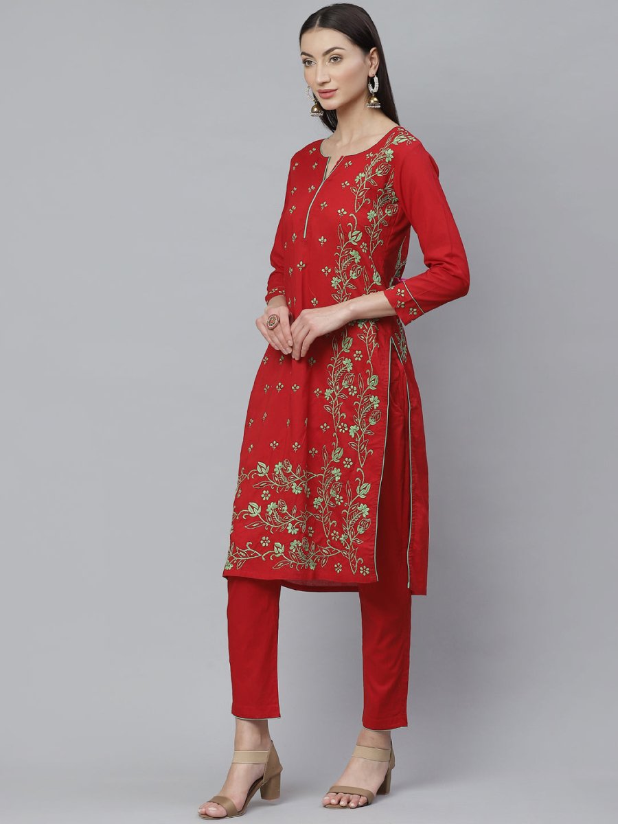 ADA Women Red & Green Chikankari Hand Embroidered Sustainable Handloom Kurta with Trousers - Distacart