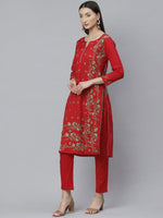 Thumbnail for ADA Women Red & Green Chikankari Hand Embroidered Sustainable Handloom Kurta with Trousers - Distacart