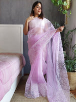 Thumbnail for Anouk Lavender Floral Embroidered Organza Saree - Distacart