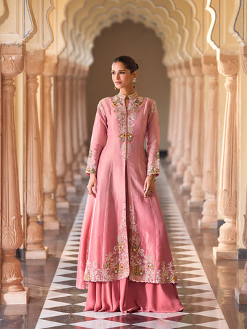 Evanik Pink Silk Blend with Digital Print with Embroidered Beads Work Shrug, Top with Palazzo - Dista