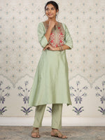 Thumbnail for Ode by House of Pataudi Yoke Design Embroidered Kurta with Trousers - Distacart