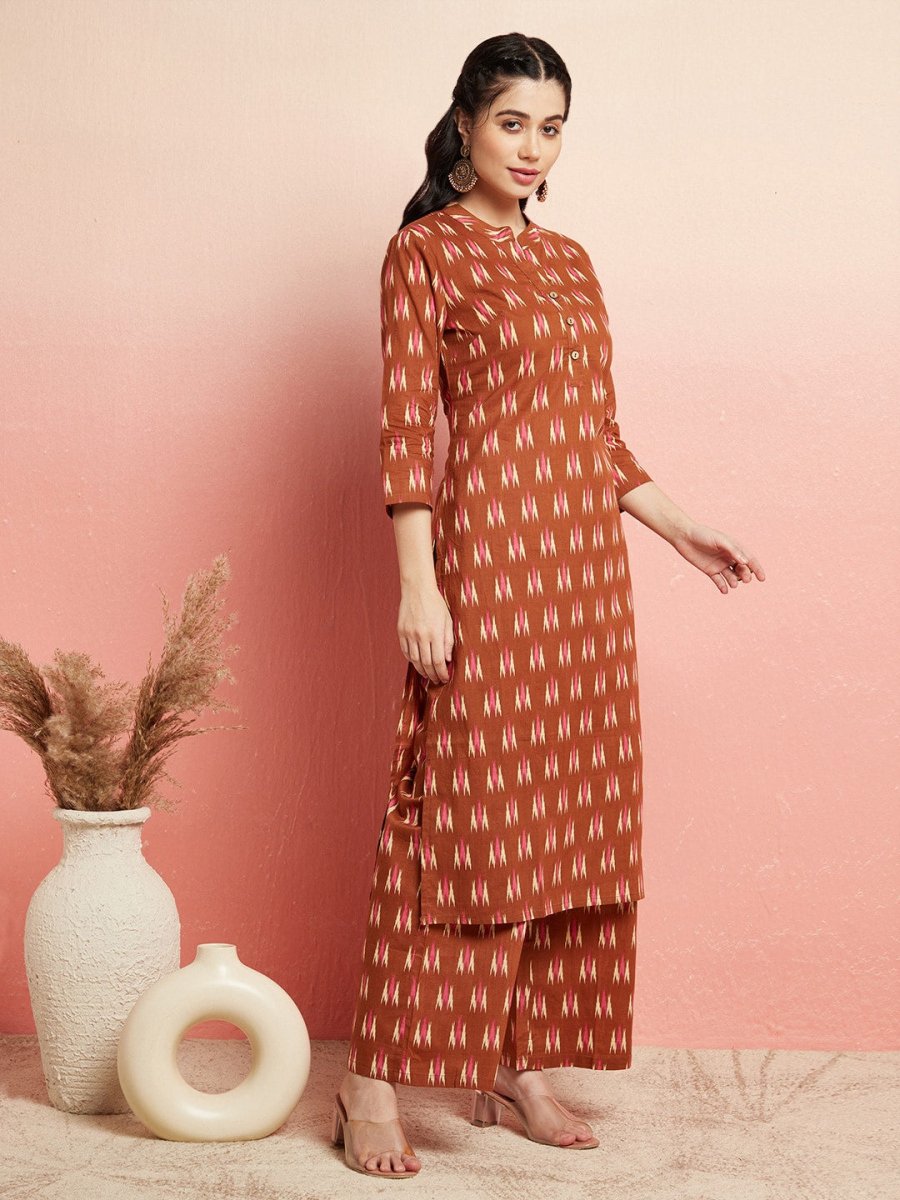 Aks Ikat Printed Pure Cotton Straight Kurta With Palazzos - Distacart