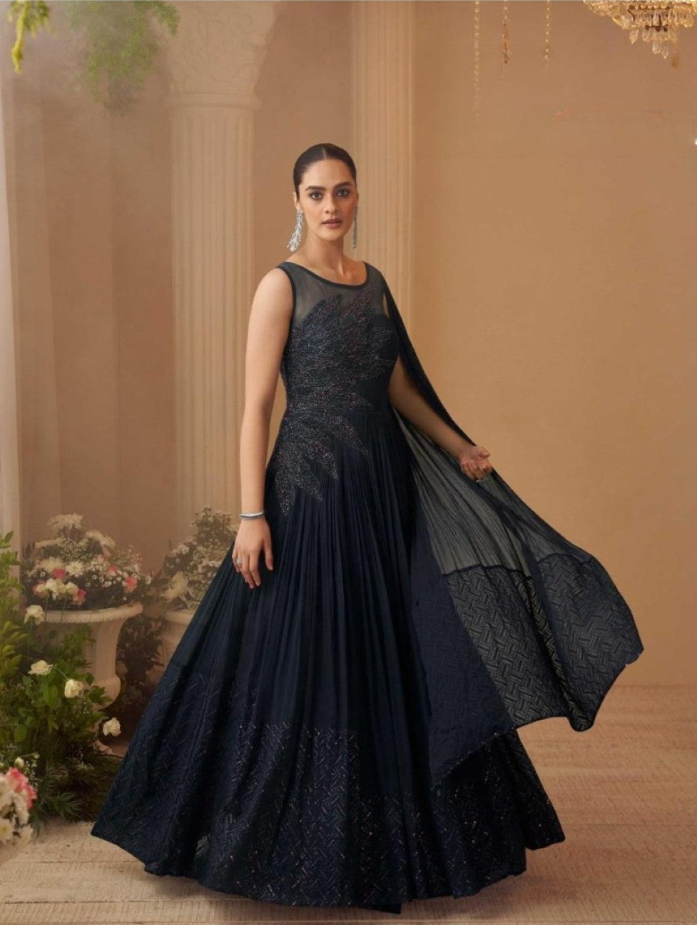 Anaita Black Chinon Silk Stitched Gown With Embroidery Work - Dista