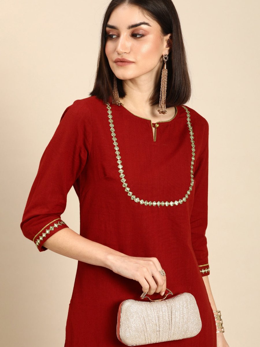 All About You Women Red & Gold-Toned Keyhole Neck Gotta Patti Kurta - Distacart