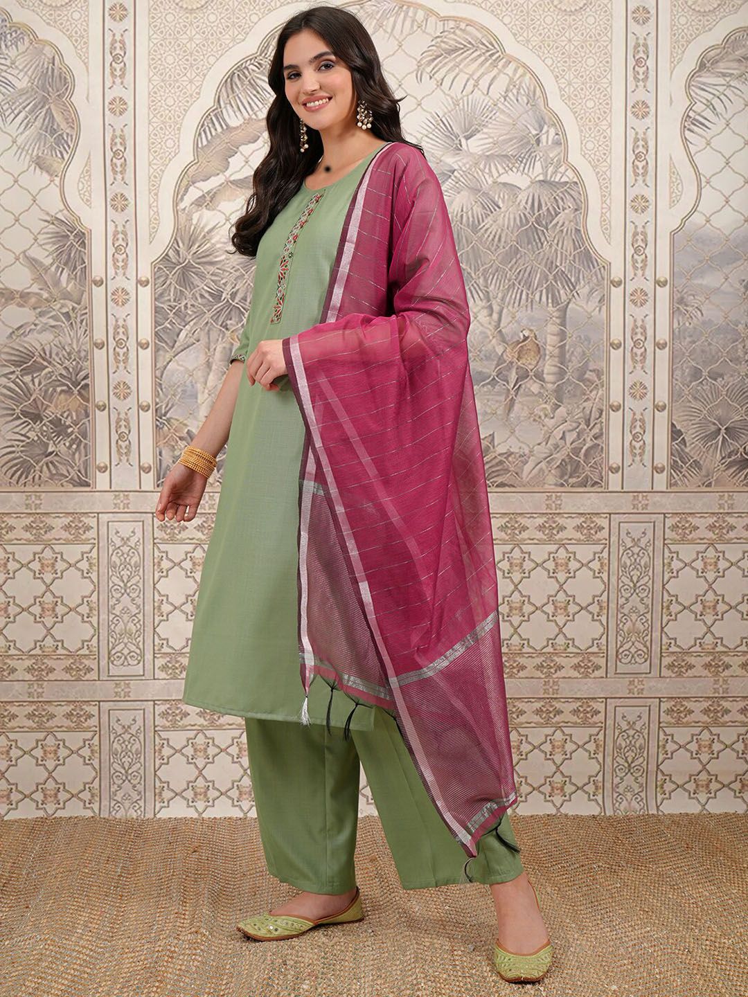 Vishudh Green Embroidered Thread Work Kurta with Trouser & Dupatta