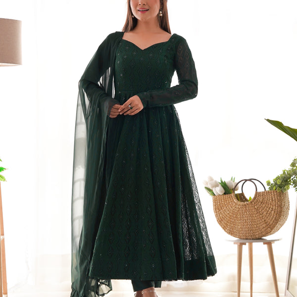 Lorenvalley Green Pure Soft Faux Georgette Lucknowi Sequence Work Anarkali Pant With Dupatta Set - Distacart