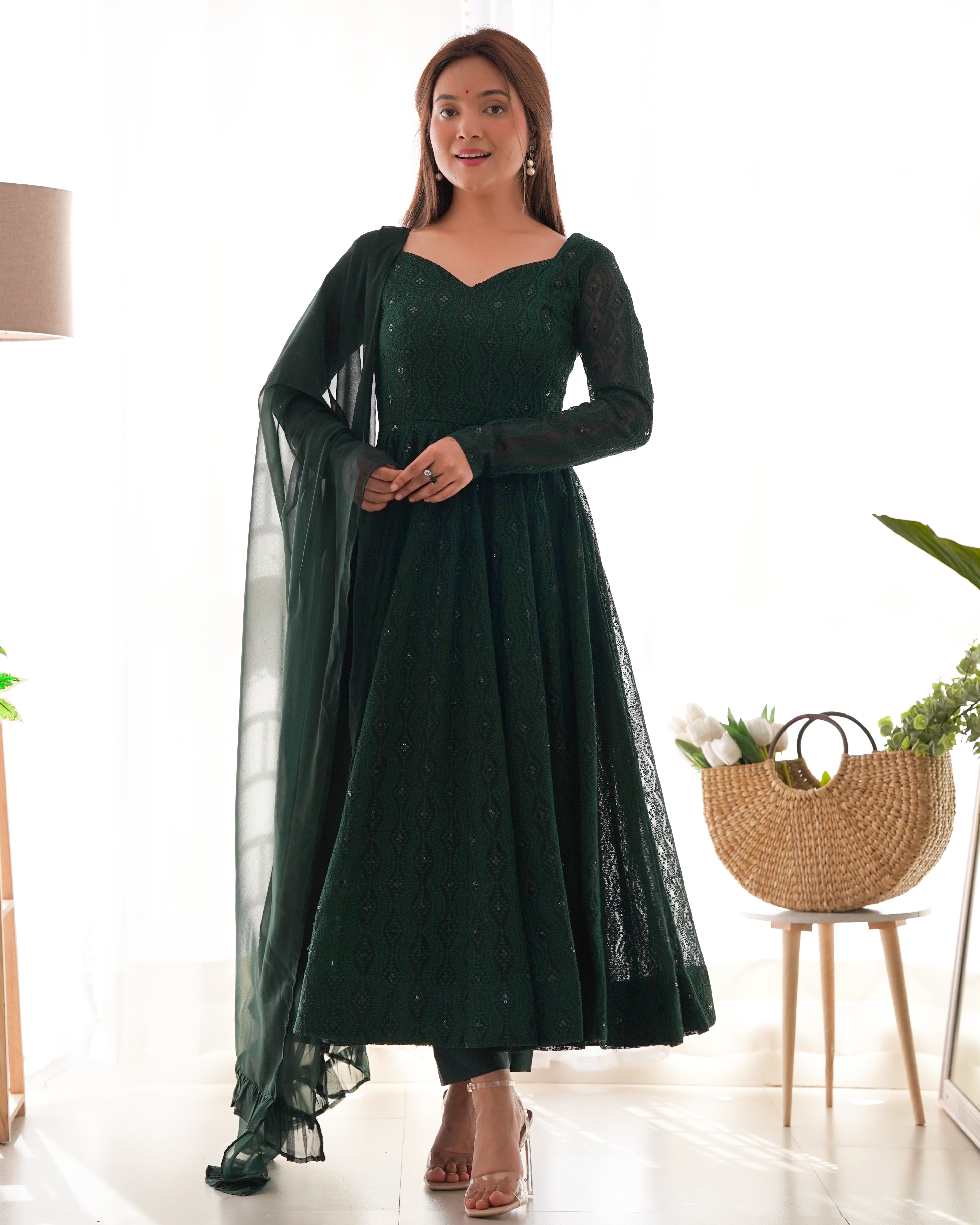 Lorenvalley Green Pure Soft Faux Georgette Lucknowi Sequence Work Anarkali Pant With Dupatta Set - Distacart
