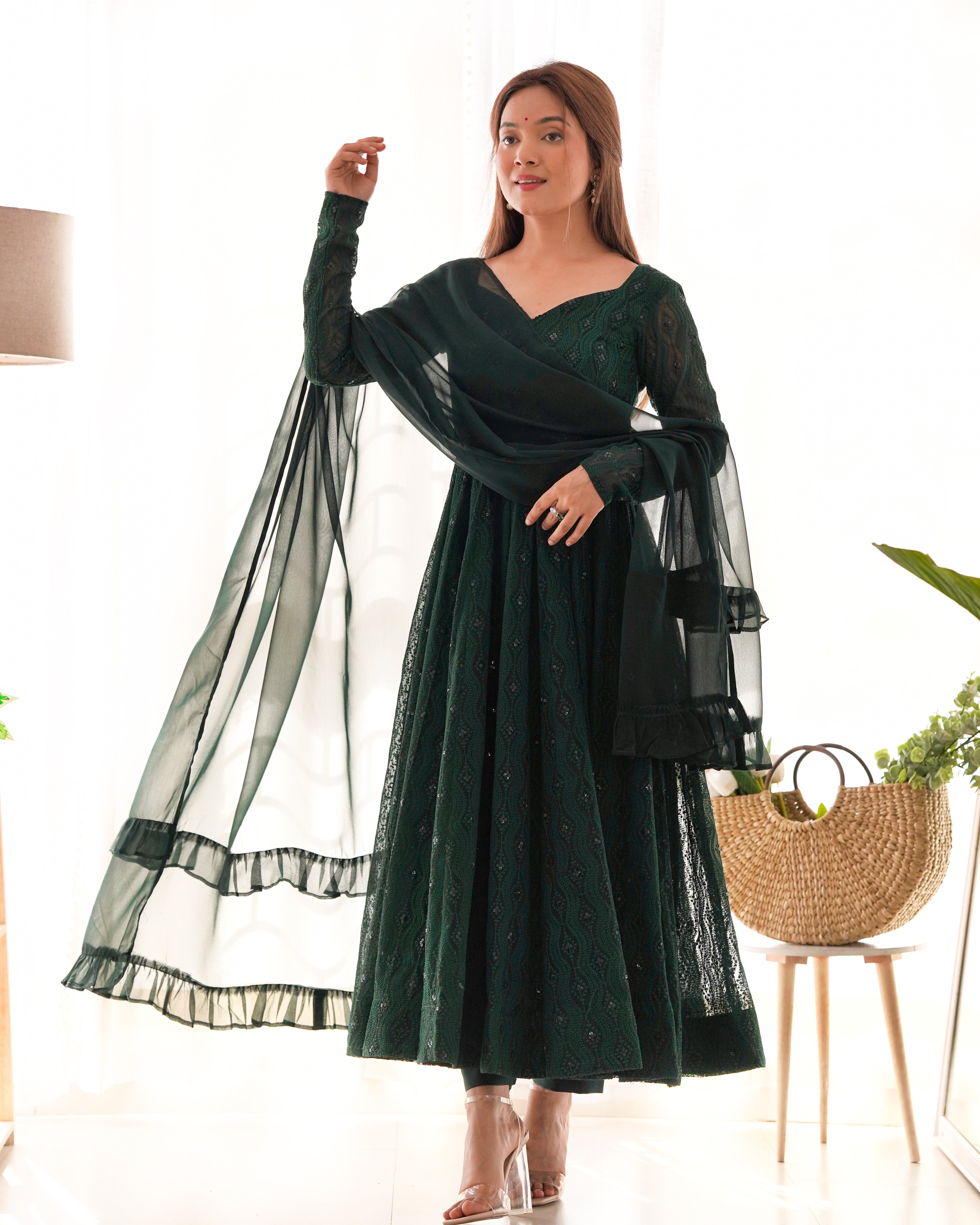 Lorenvalley Green Pure Soft Faux Georgette Lucknowi Sequence Work Anarkali Pant With Dupatta Set - Distacart