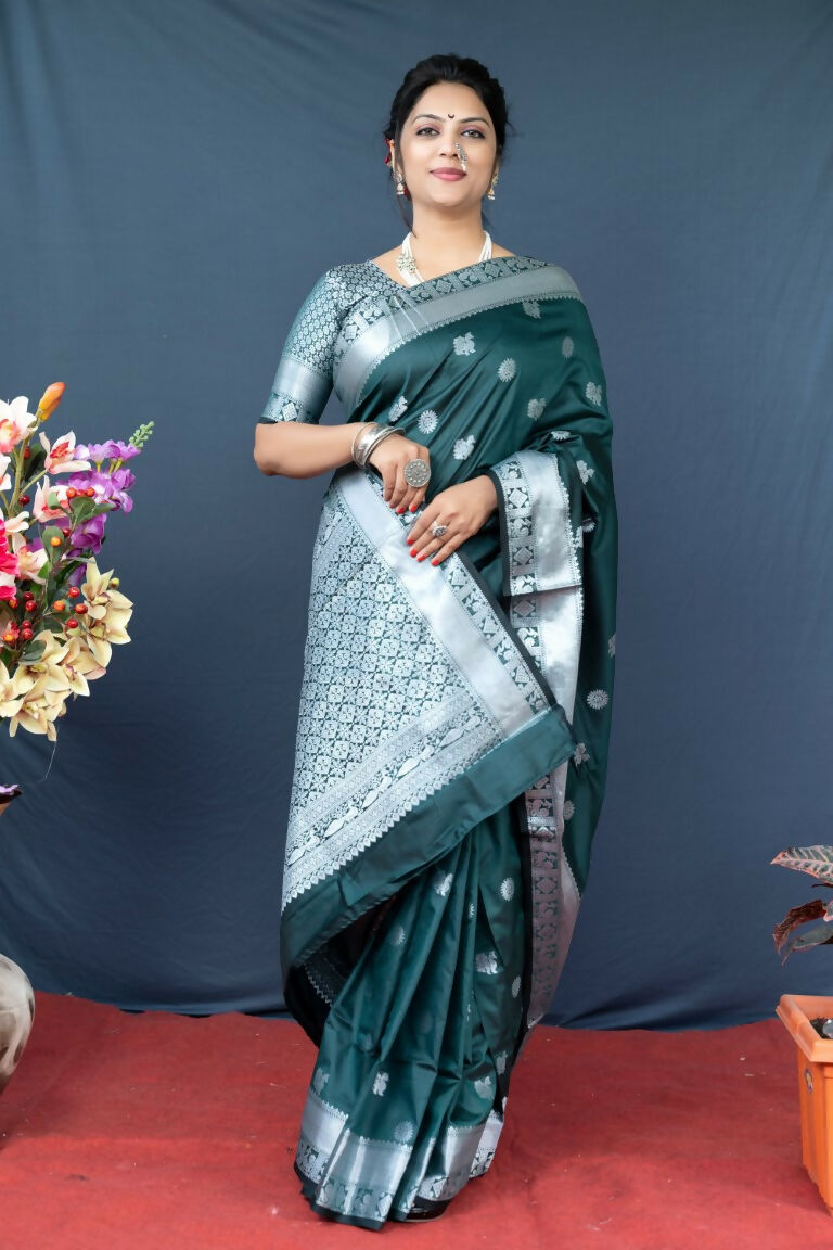 Jyoti Fashion Women's Bottle Green Soft Banarasi Silk Zari Woven Saree with Blouse - Distacart