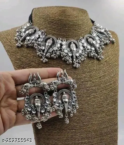 Tehzeeb Creations Women's Silver Colour Oxidised Ganesha Style Necklace Set With White Pearl - Distacart