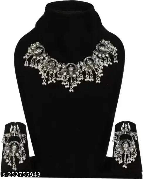 Tehzeeb Creations Women's Silver Colour Oxidised Ganesha Style Necklace Set With White Pearl - Distacart
