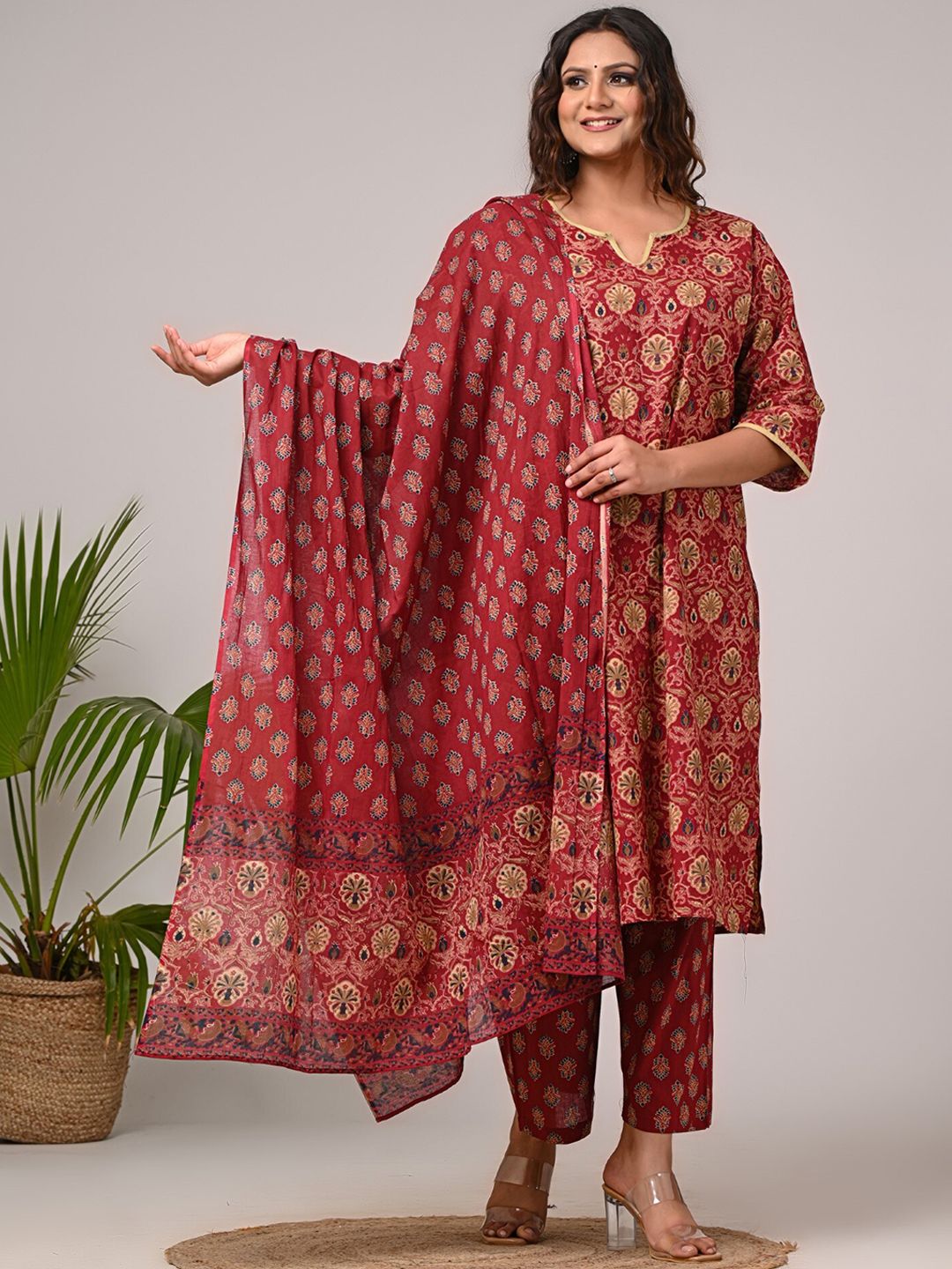Swasti Women Floral Printed Regular Sequinned Pure Cotton Kurta with Trousers & With Dupatta - Distacart