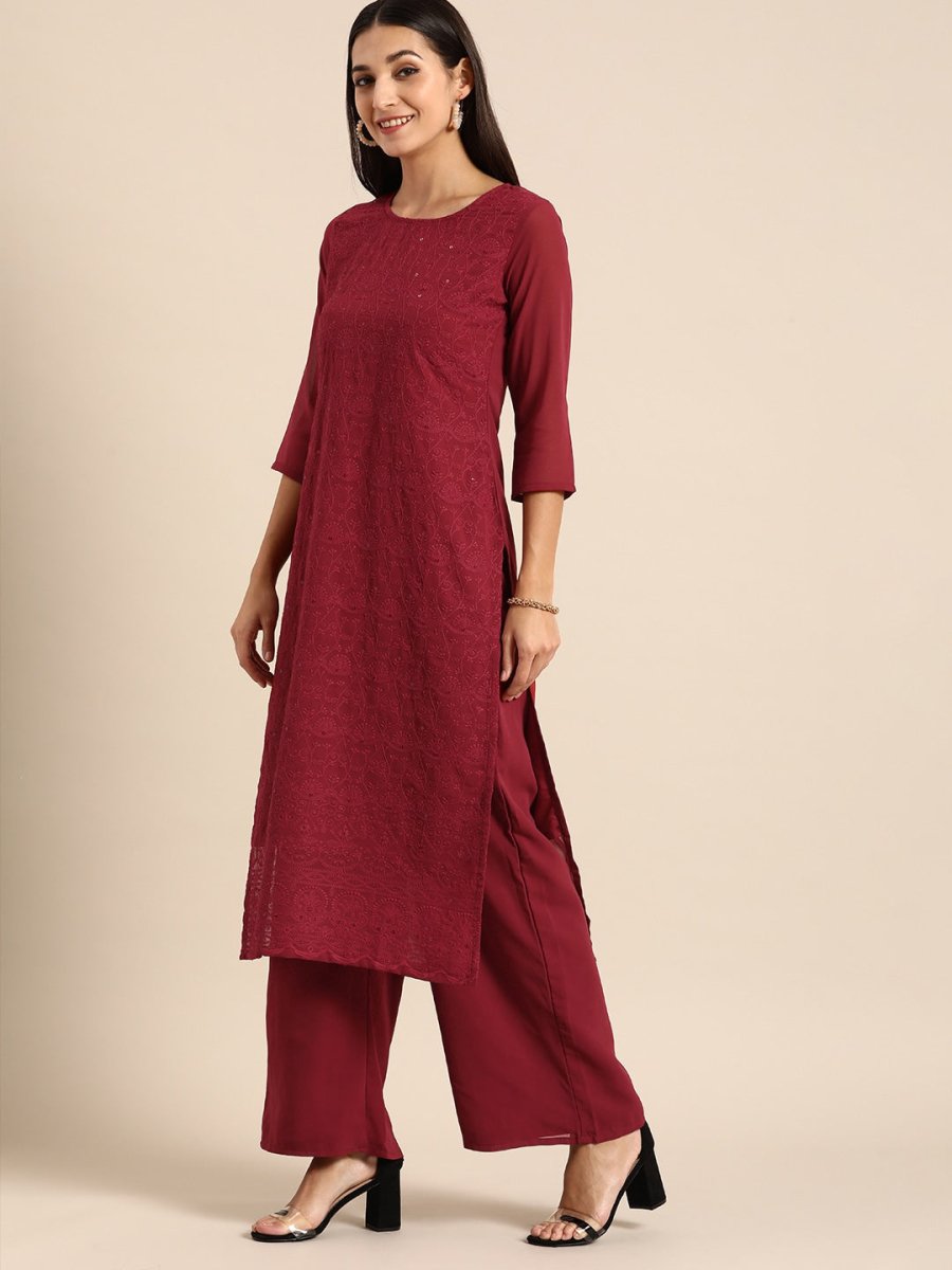 All About You Women Maroon Ethnic Motifs Embroidered Chikankari Kurta with Palazzos - Distacart