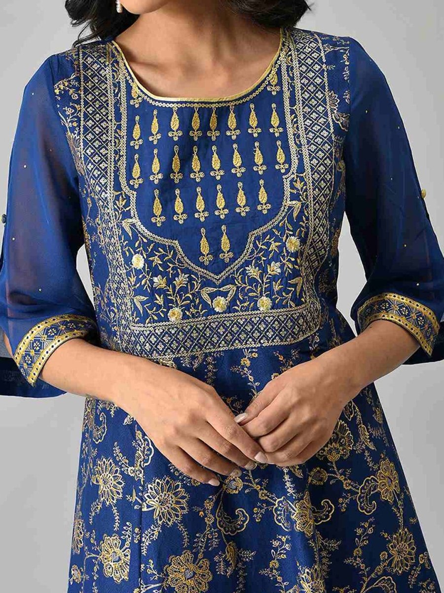 AURELIA Women Blue Floral Printed Ethnic Maxi Dress - Distacart