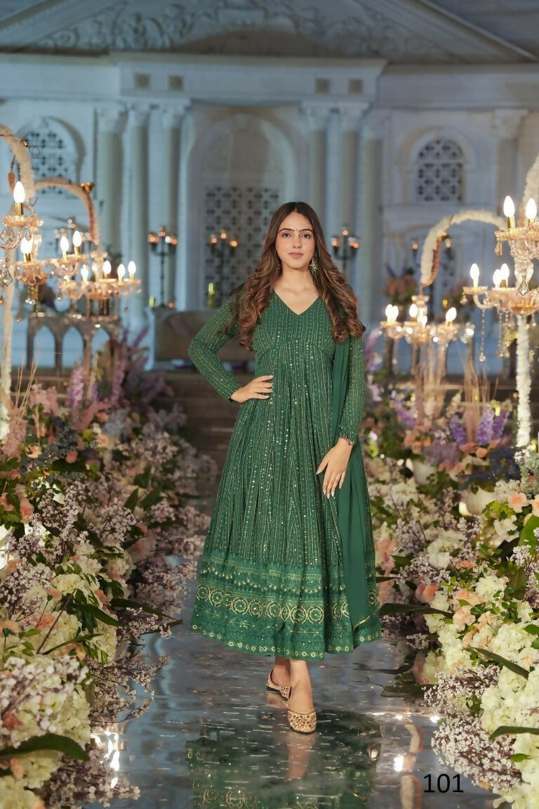 Jyoti Fashion Women's Green Faux Georgette Zari Embroidery with Sequence Anarkali Dress with Dupatta - Distacart