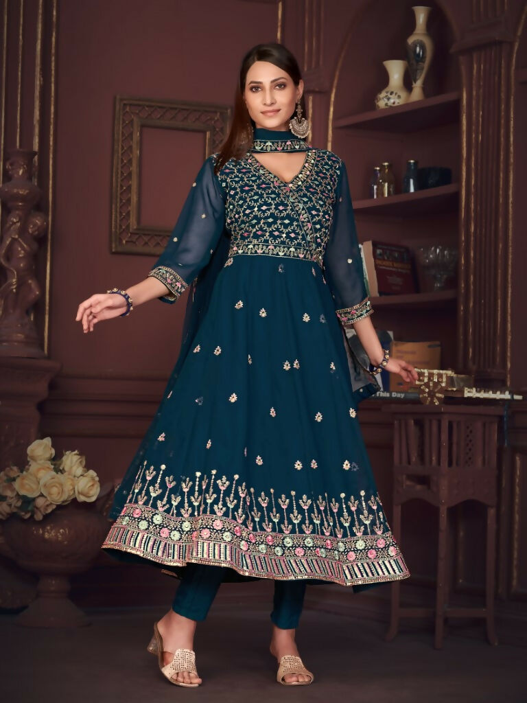 Jyoti Fashion Women's Rama Georgette Embroidered Anarkali Kurta Pant Set With Dupatta - Distacart
