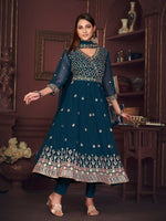 Thumbnail for Jyoti Fashion Women's Rama Georgette Embroidered Anarkali Kurta Pant Set With Dupatta - Distacart