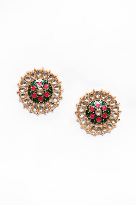Peacock Green and Pink Stud Earring Tops for Womens by House of Ree - Distacart