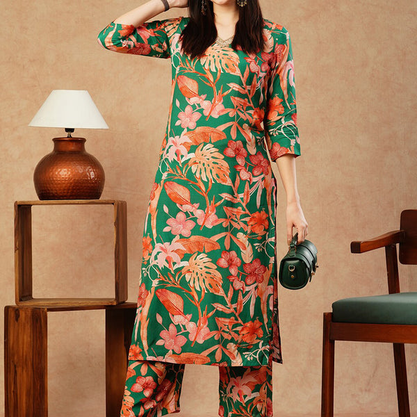 Kalini Floral Printed Thread Work Regular Straight Kurta With Palazzos - Distacart