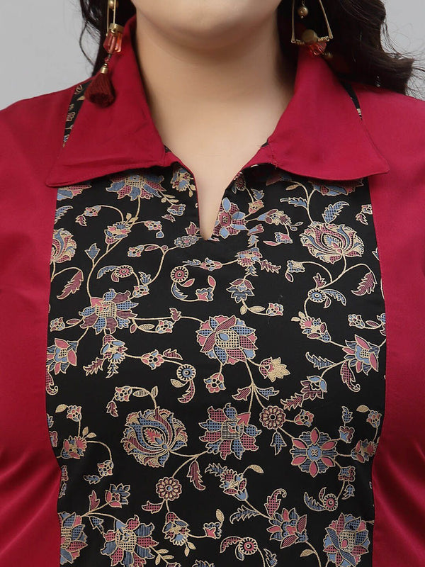Sztori Plus Size Floral Printed Shirt Collar Straight Crepe Kurta with Palazzos