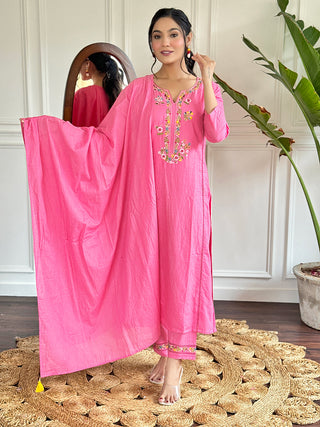 The52 Pink Thread Work Viscose Fabric Straight Kurta, Pant and Dupatta Set