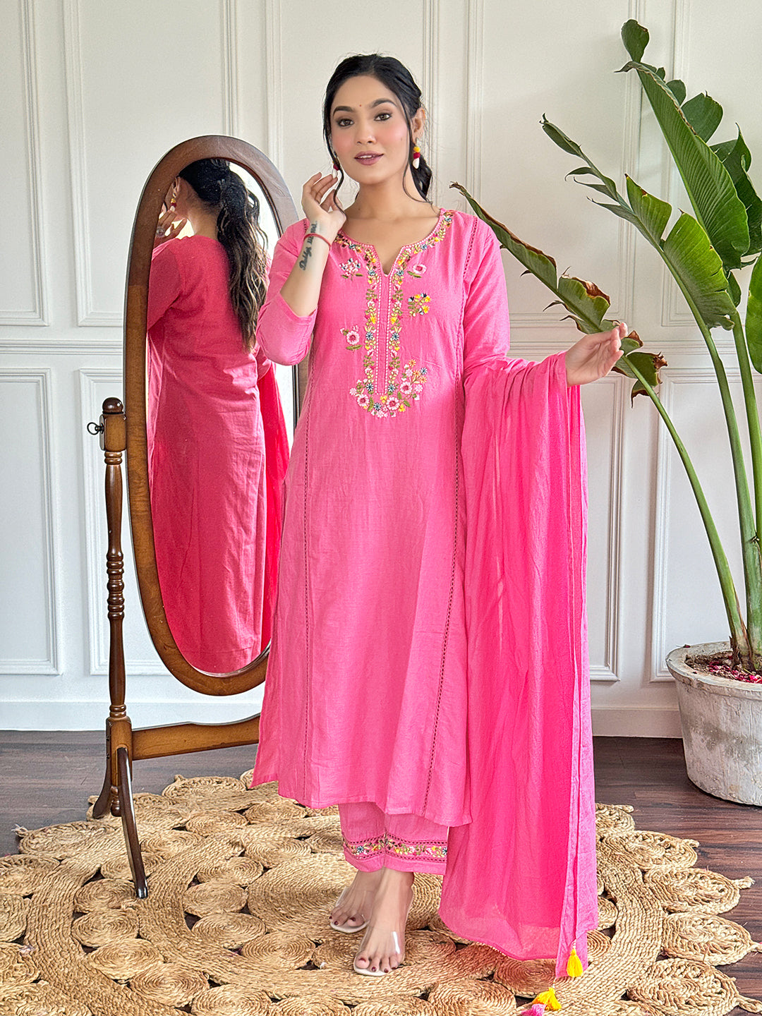 The52 Pink Thread Work Viscose Fabric Straight Kurta, Pant and Dupatta Set
