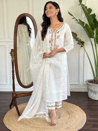 The52 Women's Viscose Thread work Straight Kurta with Pant and Dupatta Set