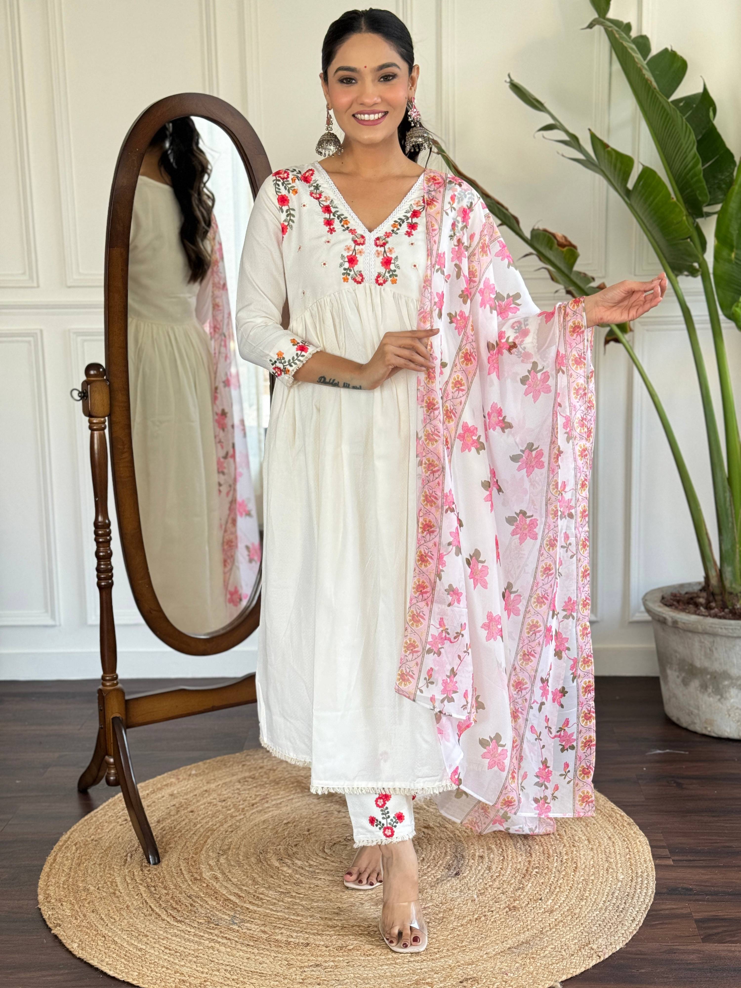 The52 Women's Off White Viscose Rayon Embroidered Flared Kurta, Pant and Dupatta Set