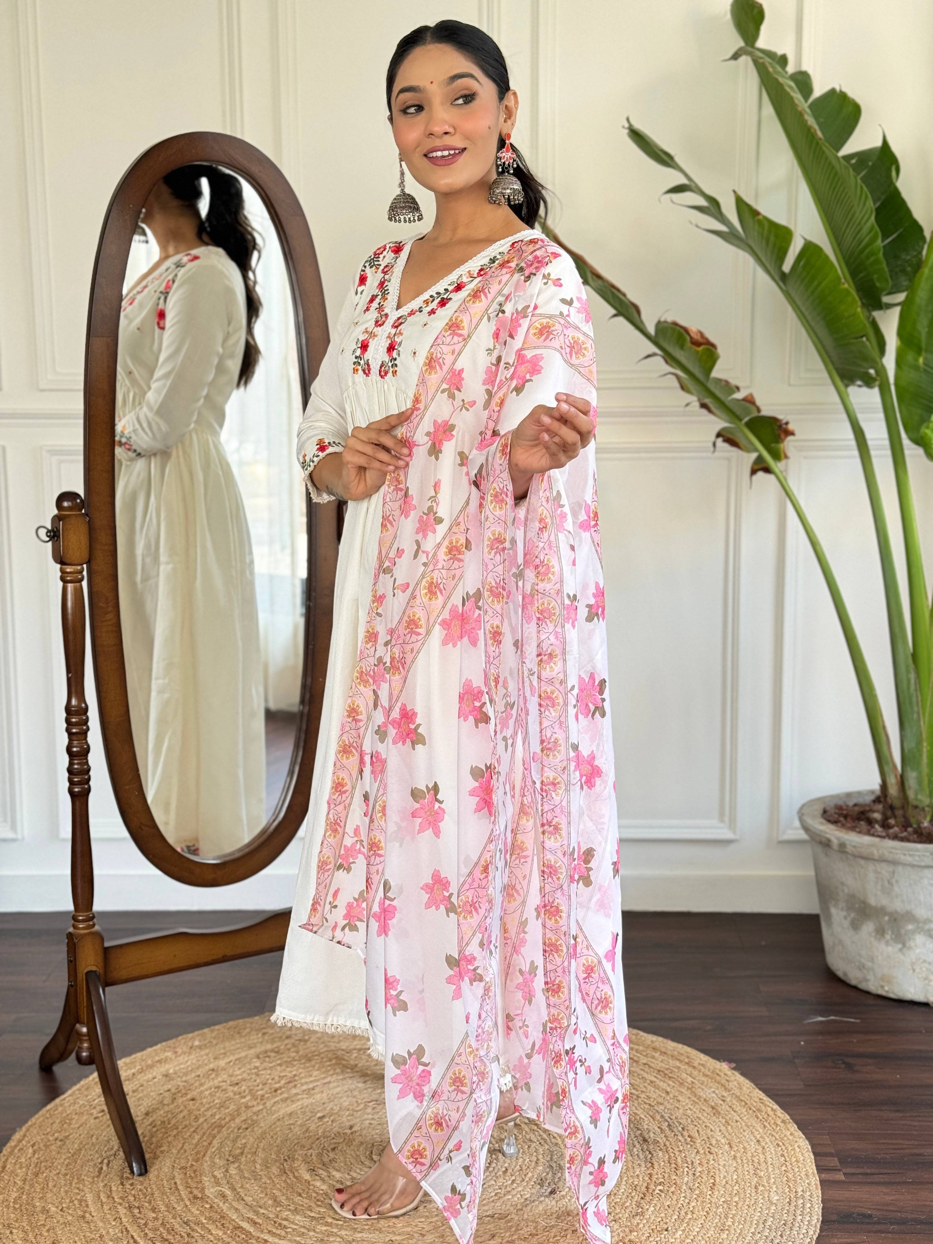 The52 Women's Off White Viscose Rayon Embroidered Flared Kurta, Pant and Dupatta Set