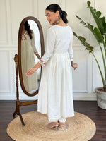 Thumbnail for The52 Women's Off White Viscose Rayon Embroidered Flared Kurta, Pant and Dupatta Set