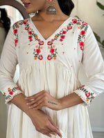 Thumbnail for The52 Women's Off White Viscose Rayon Embroidered Flared Kurta, Pant and Dupatta Set