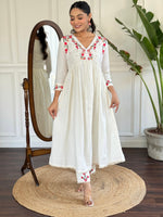 Thumbnail for The52 Women's Off White Viscose Rayon Embroidered Flared Kurta, Pant and Dupatta Set