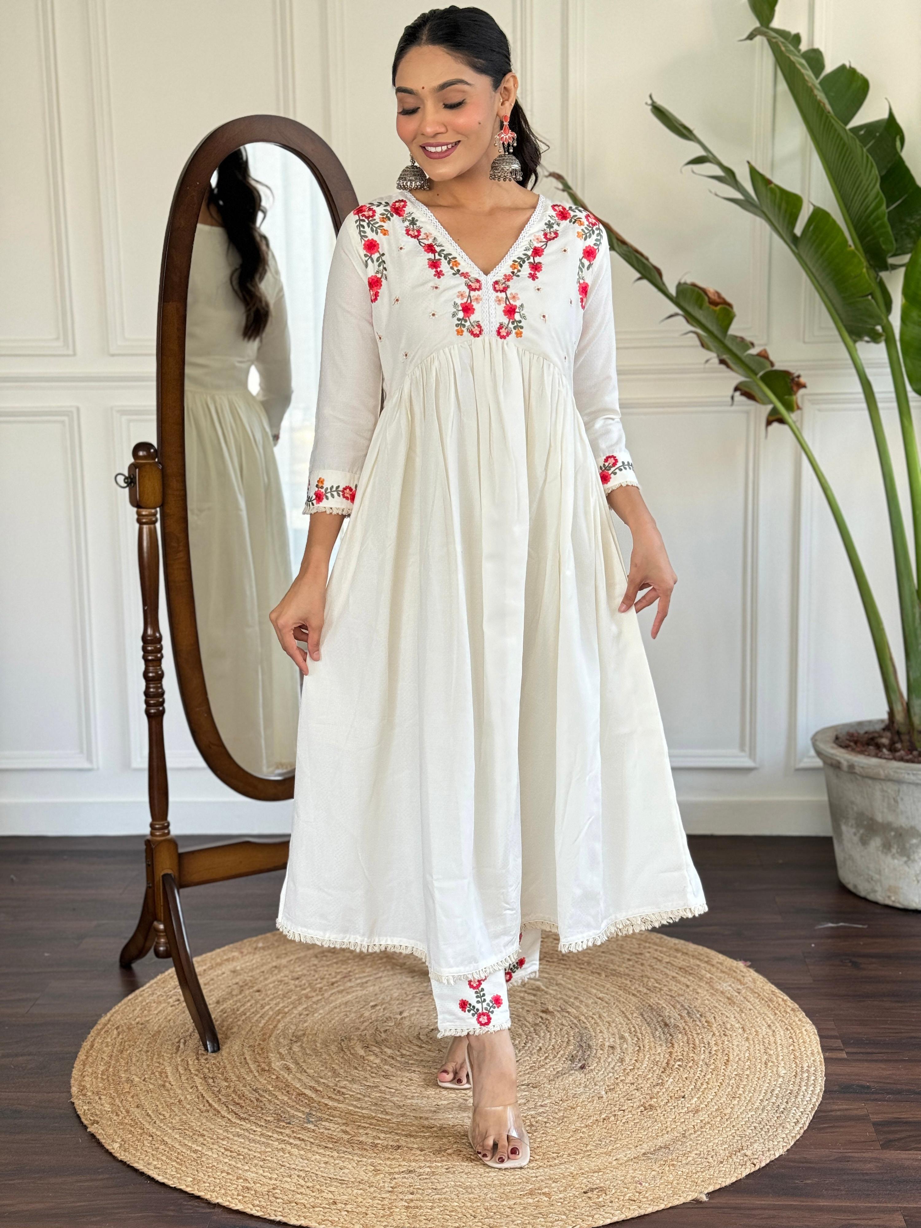 The52 Women's Off White Viscose Rayon Embroidered Flared Kurta, Pant and Dupatta Set