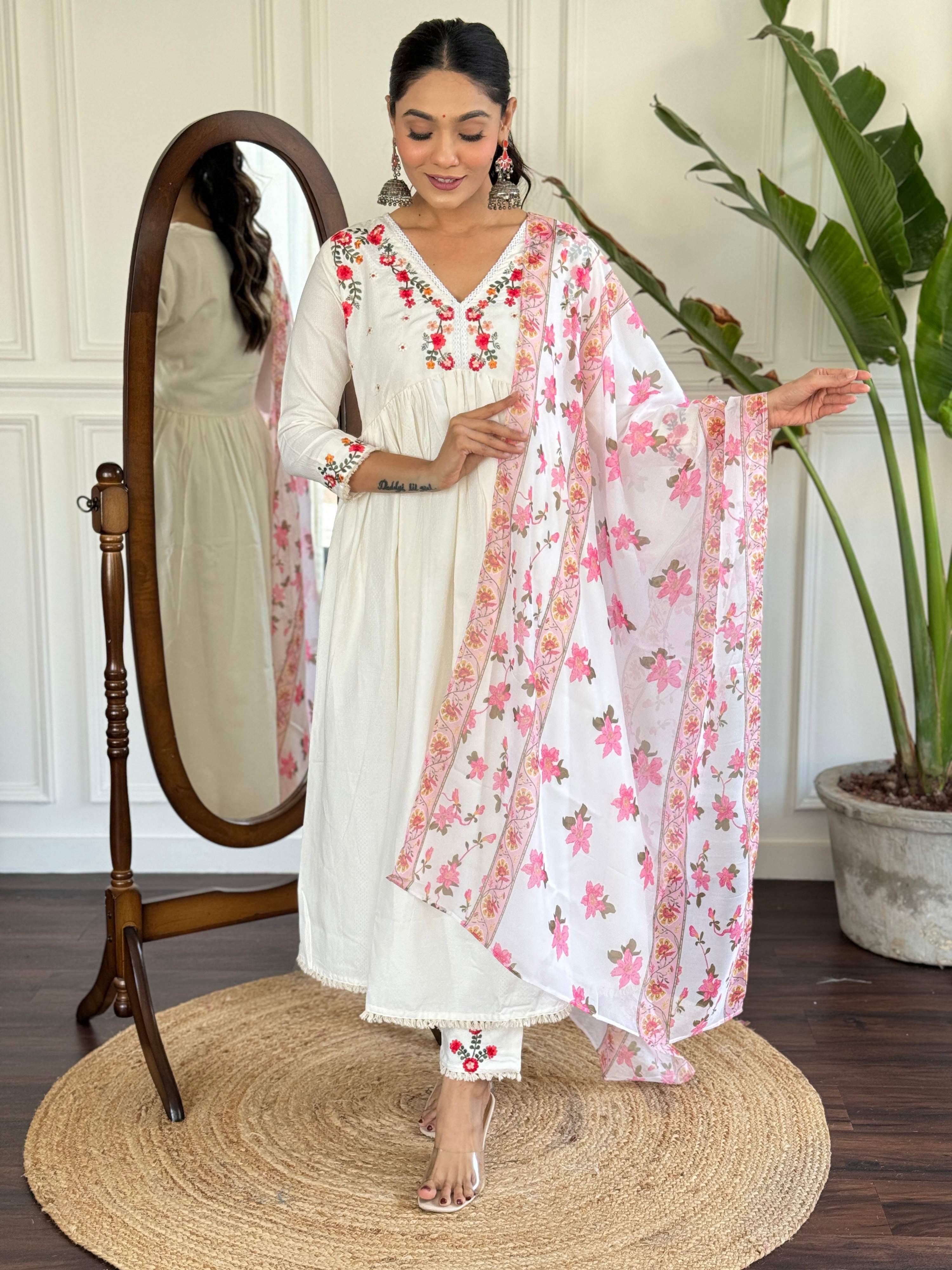 The52 Women's Off White Viscose Rayon Embroidered Flared Kurta, Pant and Dupatta Set