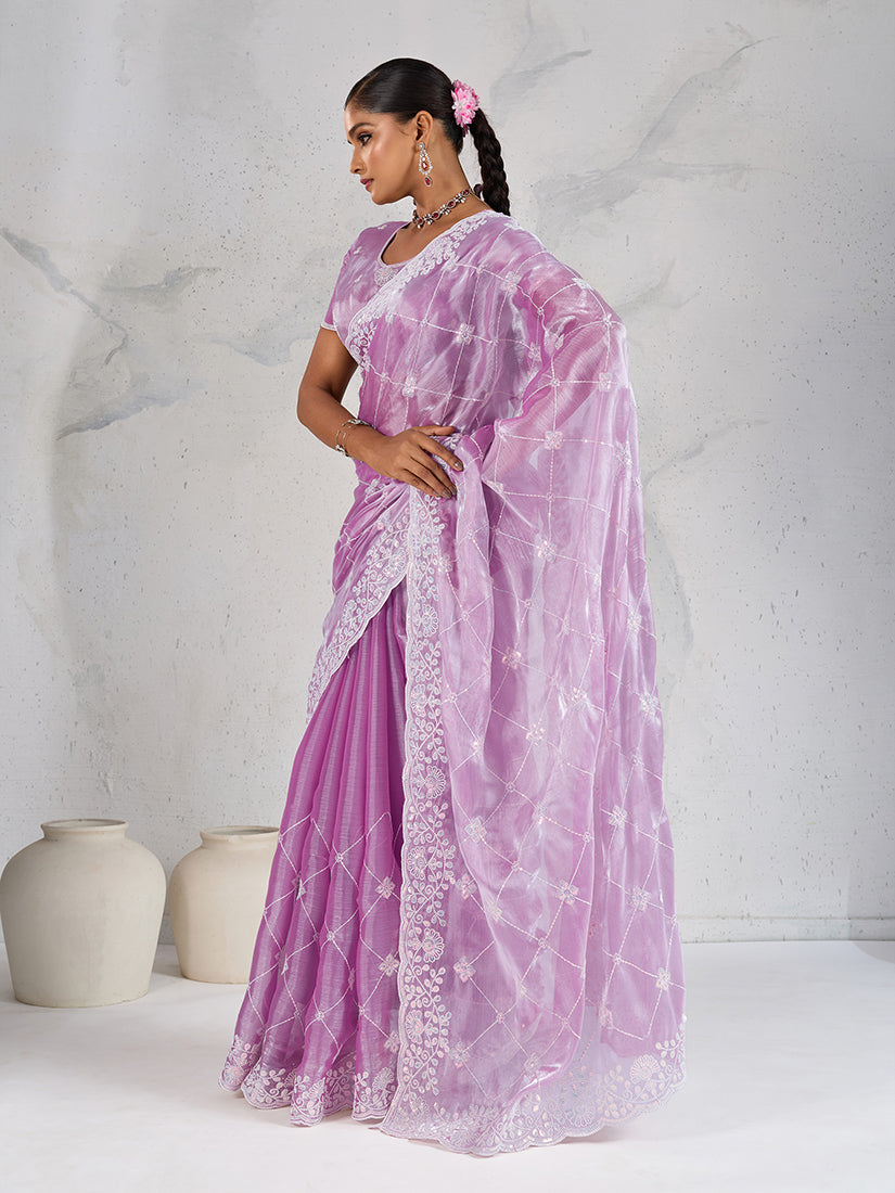 Monjolika Fashion Lavender Thread Work Soft Burberry Ceremonial Trendy Saree - Distacart