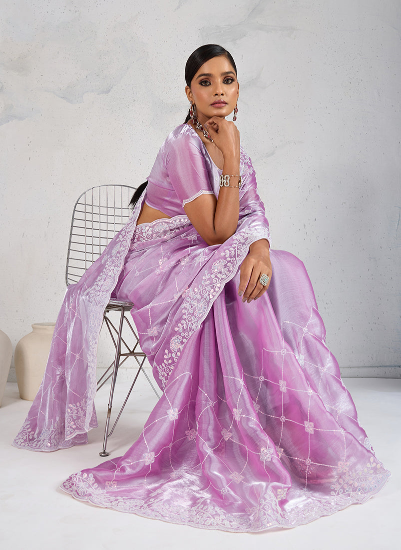 Monjolika Fashion Lavender Thread Work Soft Burberry Ceremonial Trendy Saree - Distacart