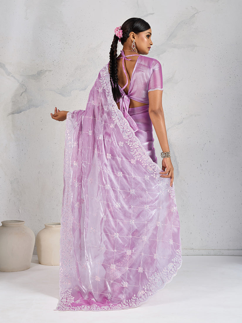 Monjolika Fashion Lavender Thread Work Soft Burberry Ceremonial Trendy Saree - Distacart