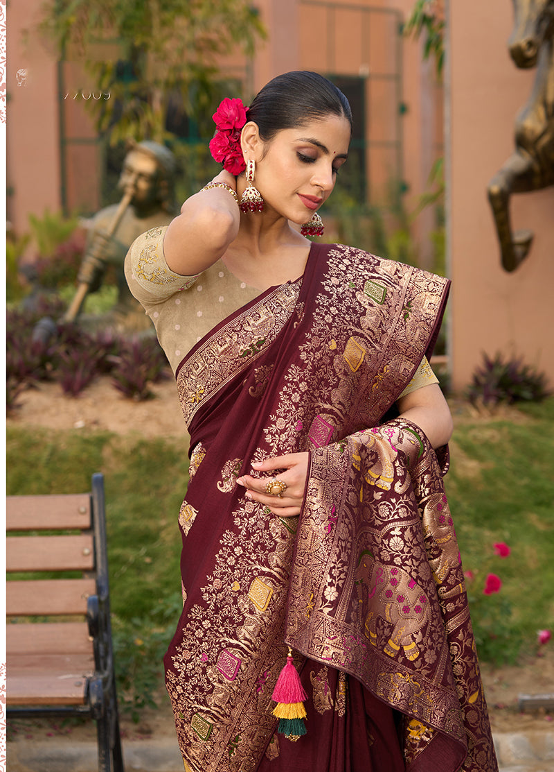 Monjolika Fashion Indian Traditional Wear Maroon Color Dola Silk Saree - Distacart