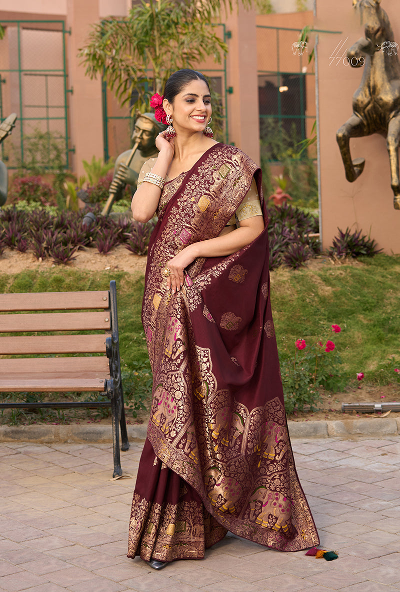 Monjolika Fashion Indian Traditional Wear Maroon Color Dola Silk Saree