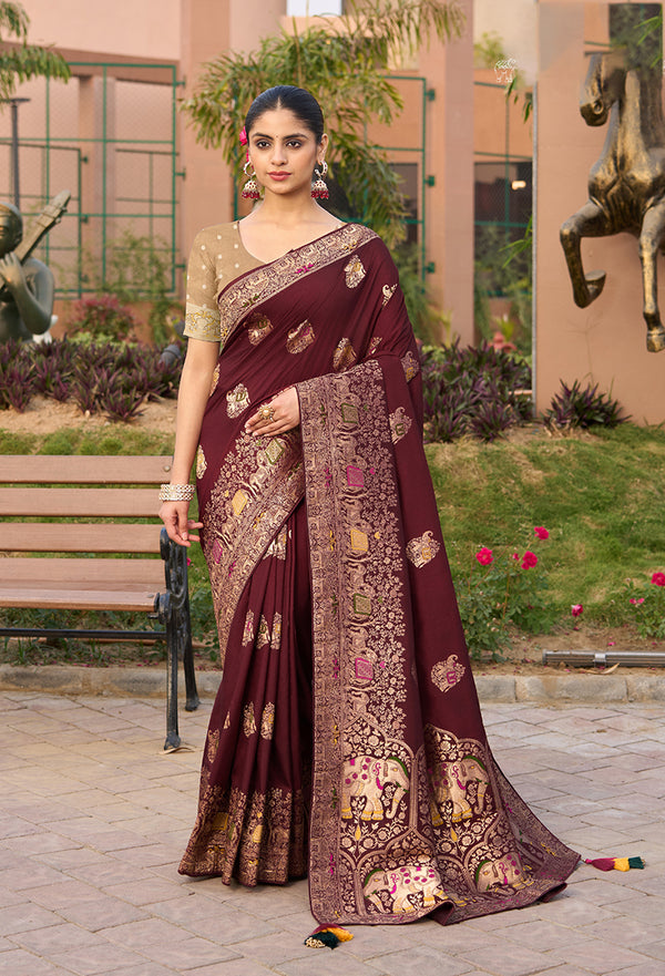 Monjolika Fashion Indian Traditional Wear Maroon Color Dola Silk Saree