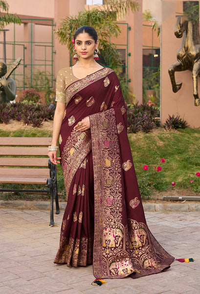 Monjolika Fashion Indian Traditional Wear Maroon Color Dola Silk Saree