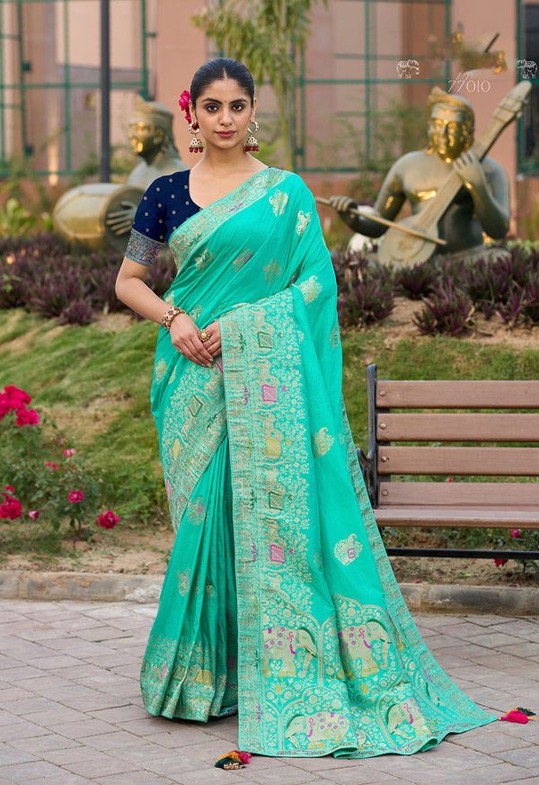 Monjolika Fashion Indian Traditional Wear Turquoise Color Dola Silk Saree