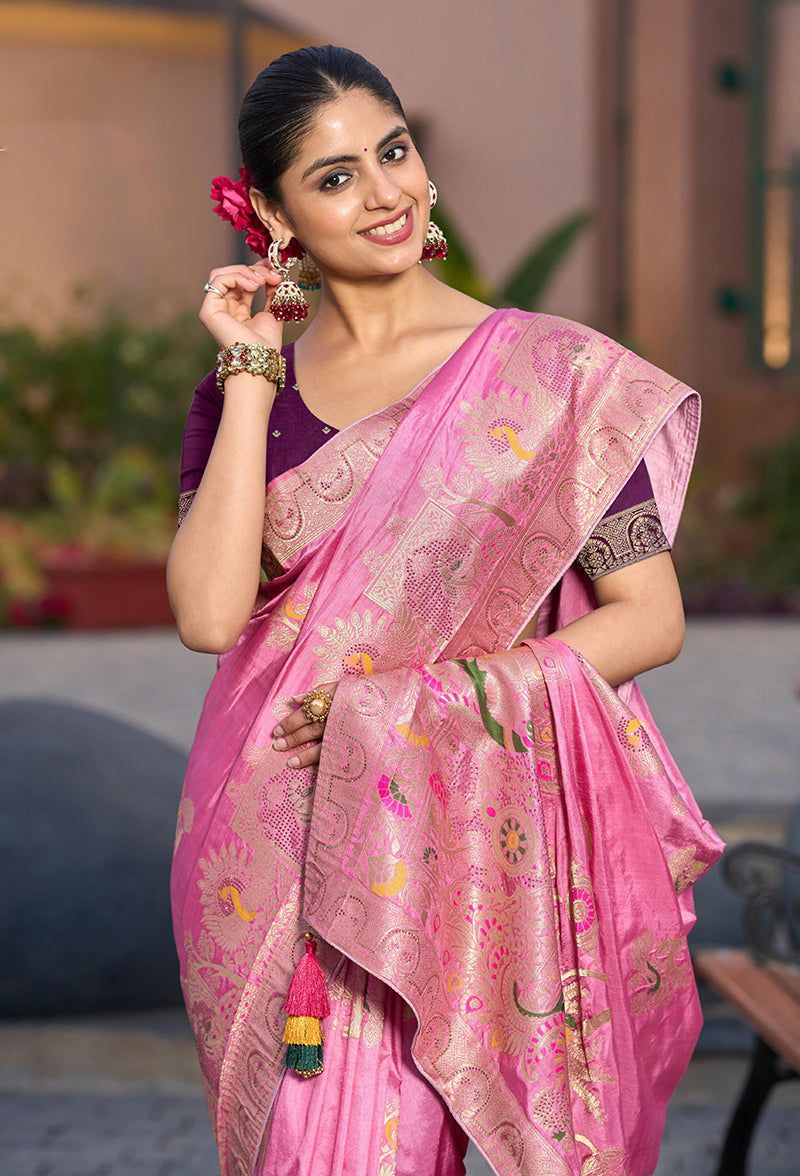 Monjolika Fashion Dola Silk Meenakari Weave Work Traditional Saree In Light Pink - Distacart