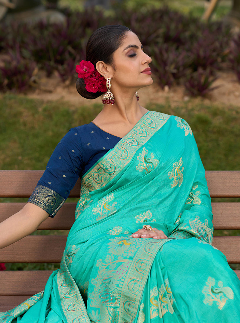 Monjolika Fashion Dola Silk Meenakari Weave Work Traditional Saree In Turquoise - Distacart