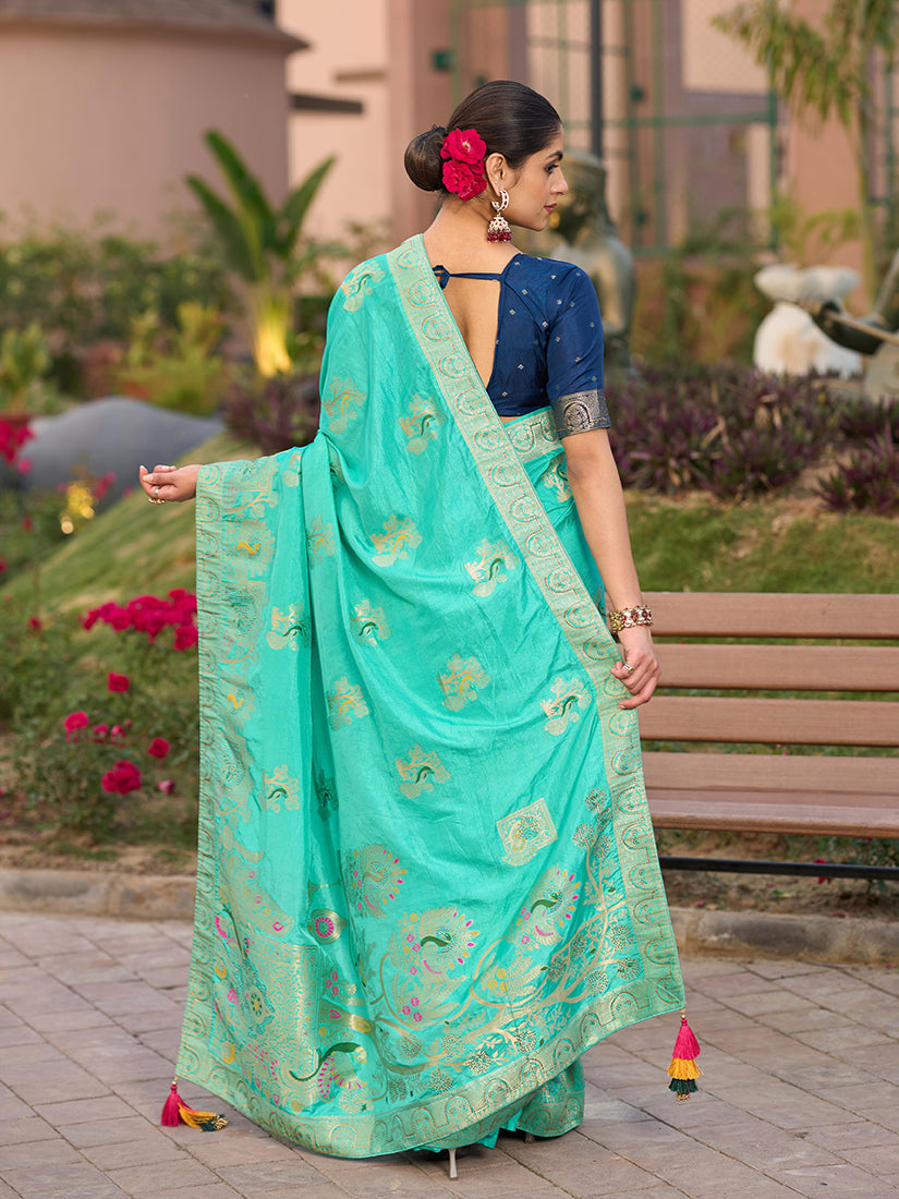 Monjolika Fashion Dola Silk Meenakari Weave Work Traditional Saree In Turquoise - Distacart