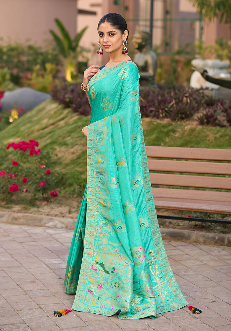 Monjolika Fashion Dola Silk Meenakari Weave Work Traditional Saree In Turquoise - Distacart
